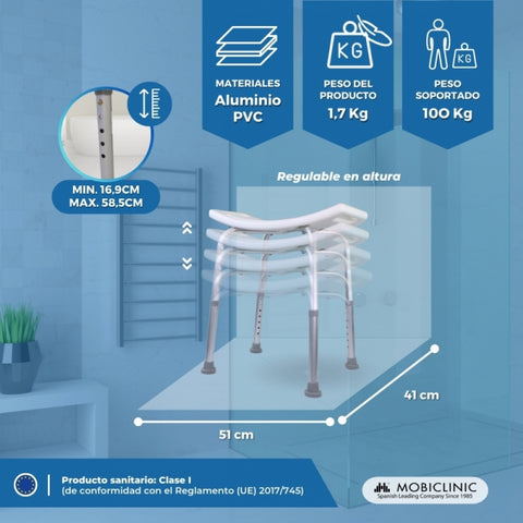 Krzesło prysznicowe | Aluminium | Regulowana wysokość | Treść niezakłócona | San Fermín