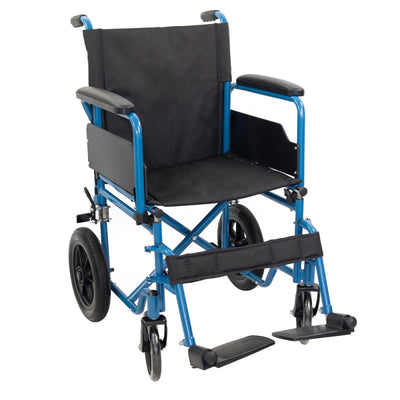 Składany wózek inwalidzki z małymi niebieskimi kółkami
